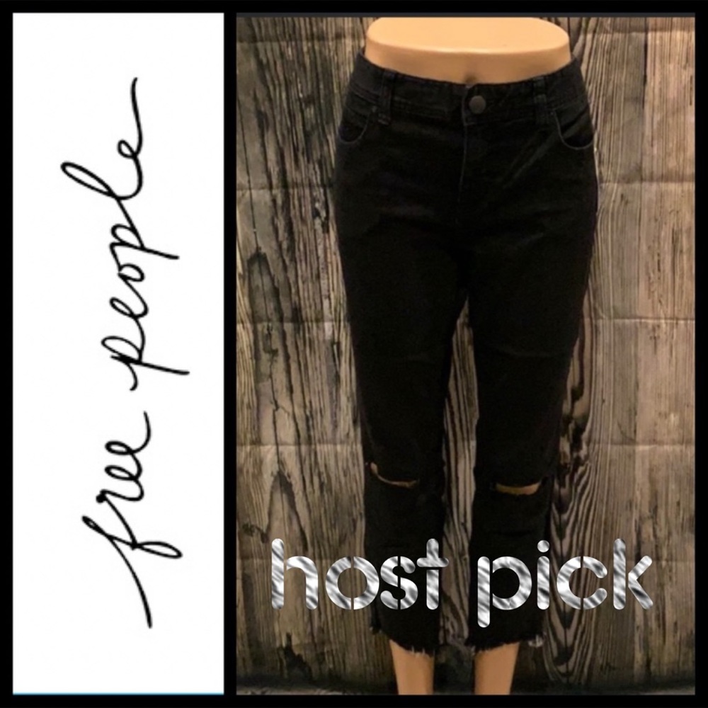 ❤️✨2XHP✨NWT FREE PEOPLE BLACK DESTROYED CROP JEAN - Picture 2 of 10